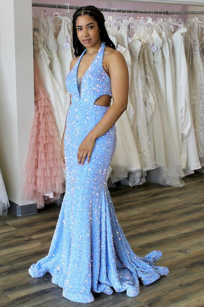 Blue Iridescent Sequin Halter Trumpet Long Prom Dress MD121202