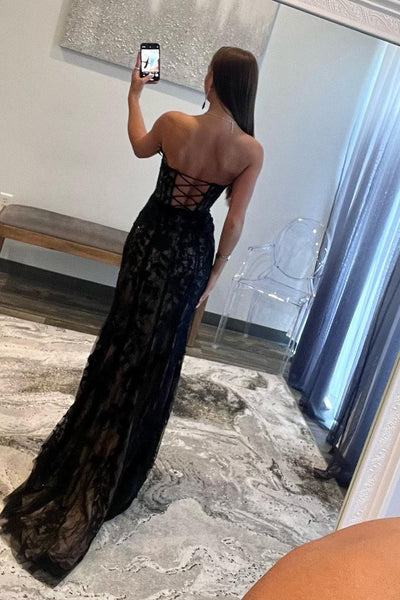 Charming Mermaid Sweetheart Black Lace Long Prom Dress with Slit DM3083108