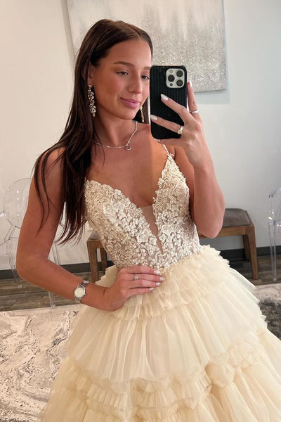 Champagne V Neck Tiered Tulle Long Prom Dress with Appliques MD4012803