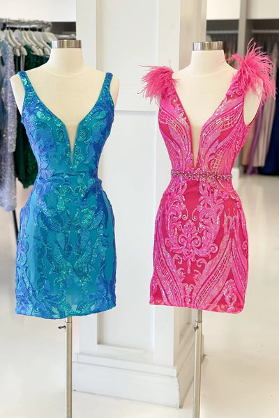 Sparkly Fuchsia V-Neck Sequins Tight Short Homecoming Dress MD091706