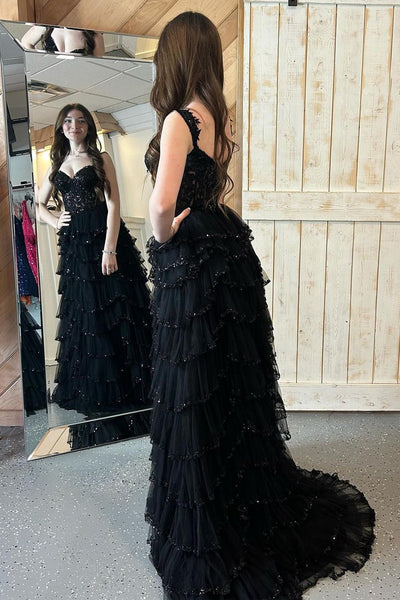 Black Sweetheart Tulle A-Line Long Prom Dress with Appliques MD4011001
