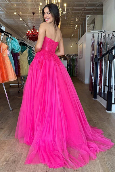 Hot Pink Tulle Lace Strapless A-Line Long Prom Dress MD103001