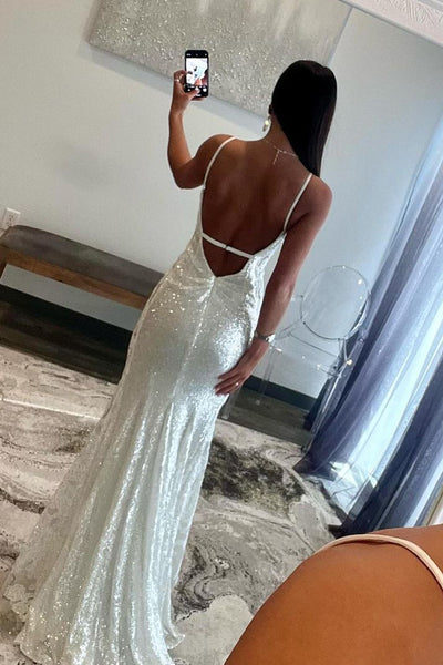 White V Neck Mermaid Sequins Long Prom Dresses with Appliques MD4010701