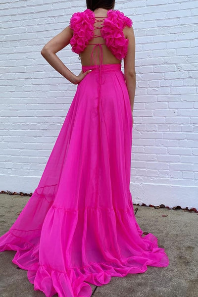 Trendy A Line V Neck Fuchsia Long Prom Dress with 3D Flowers MD121701