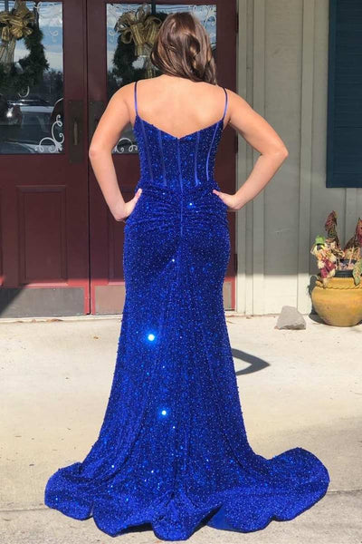 Pink Sequin Split Neck Mermaid Long Prom Dress MD092610