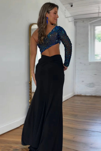 Sparkly Black Beaded One Shoulder Long Prom Dress with Slit DM3082705