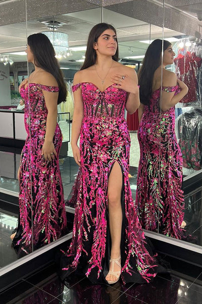 Pink Sequin Lace Off the Shoulder Mermaid Long Prom Dress MD121208