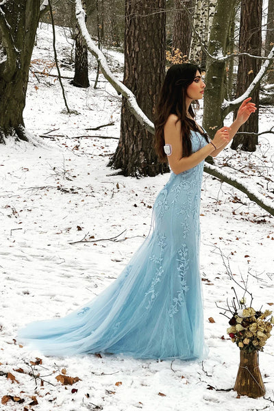 Mermaid Scoop Neck Blue Tulle Lace Long Prom Dresses MD092312