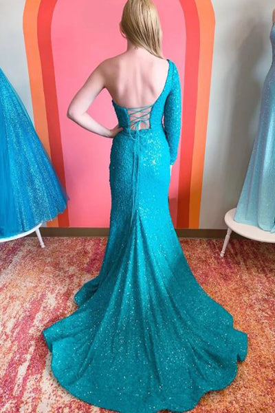 One Shouder Long Sleeves Sequins Mermaid Prom Dress with Slit MD092907