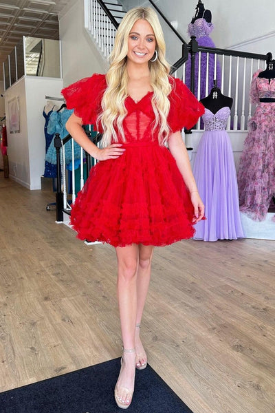 Red Sweetheart Puff Sleeve A-Line Short Party Dress with Ruffles LD3070704