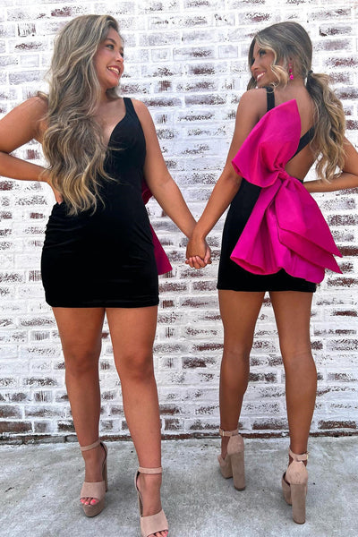 Black Plunge V Bow Back Bodycon Mini Homecoming Party Dress MD092001