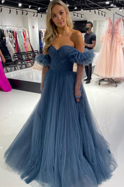 Princess Navy Blue Tulle Sweetheart Long Prom Dress with Detachable Sleeves MD092706