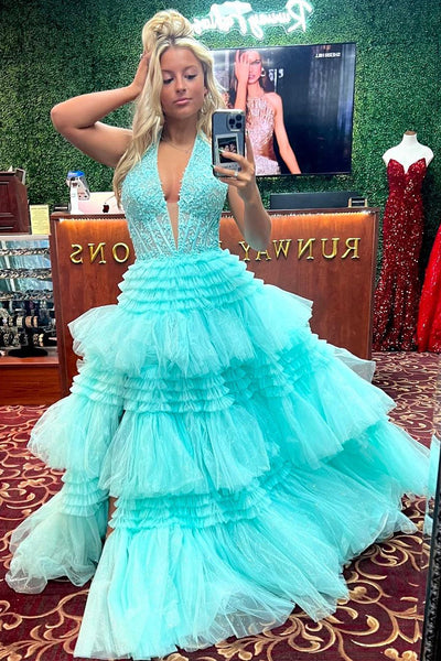 Ball Gown Halter Tiered Tulle Long Prom Dress MD4020705