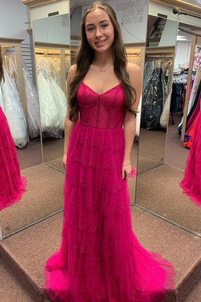 Fuchsia Beaded Layers Spaghetti Straps Long Prom Dress MD121304