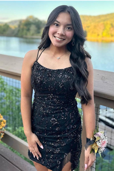 Sparkly Bodycon Scoop Neck Black Sequins Short Homecoming Dress MD101703