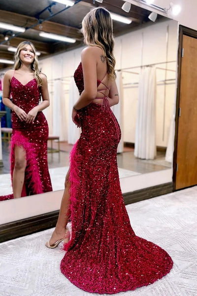 Sparkly Royal Blue Sequins Long Mermaid Prom Dress with Feathers MD092308
