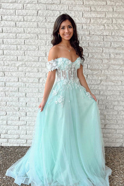 Tulle Applique Mint Green Off the Shoulder A line Evening Dresses Long Prom Dresses MD100401