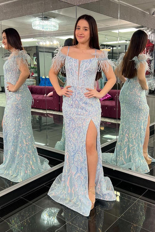 Mermaid Cold Shoulder Blue Sequins Long Prom Dress with Feather MD4051005