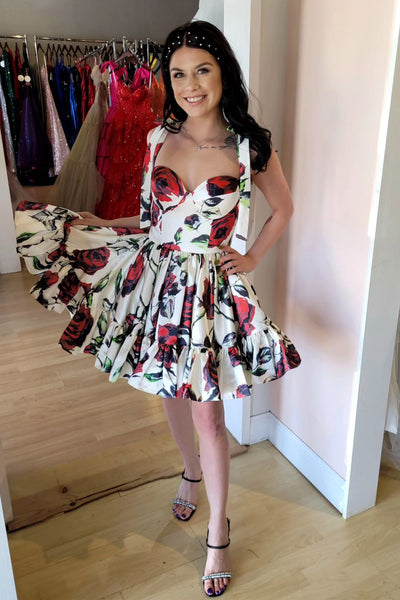 A-Line Sweetheart Floral Printed Short Homecoming Dress with Bow MD4050404