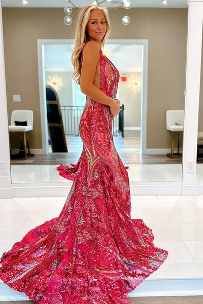 Stunning Mermaid Sleeveless V-Neck Sequins Appliques Long Prom Dress DM25102804