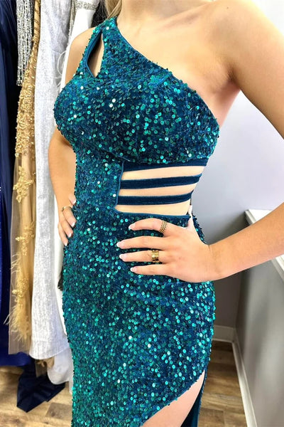 One-Shoulder Turquoise Sequin Keyhole Long Prom Dress with Slit MD122306