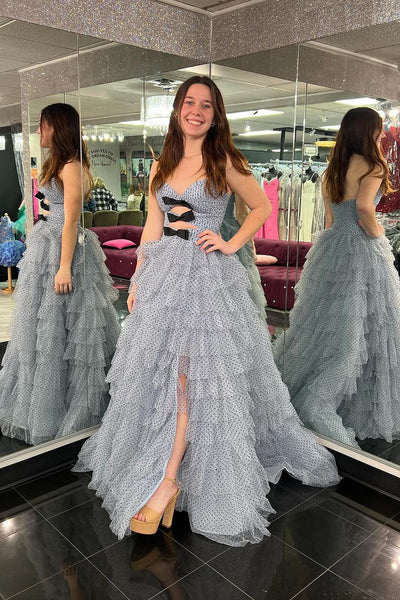 Polka Dot Strapless Ruffle Tiered Tulle Prom Dress with Slit MD4050801