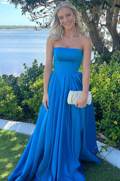 Blue Strapless Satin Long Prom Dress MD4041502