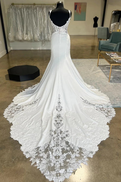 Elegant Sheath Sweetheart Elastic Satin Long Wedding Dresses with Appliques DM24101910