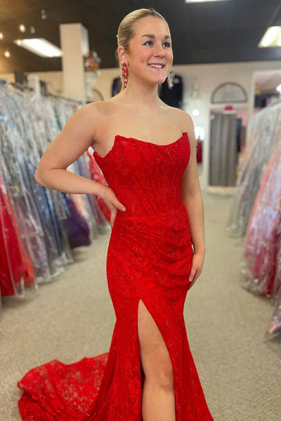 Red Strapless Lace Mermaid Long Prom Dresses with Slit MD4011901