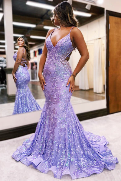 Hot Pink Sequin Lace V-Neck Trumpet Long Prom Dress MD111805