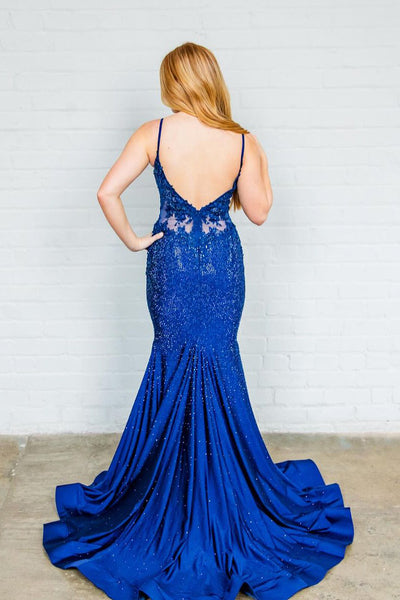 Mermaid V Neck Royal Blue Satin Long Prom Dress with Beading MD4032001