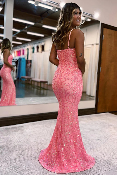 Pink Spaghetti Straps Sequins Mermaid Prom Dress MD092810