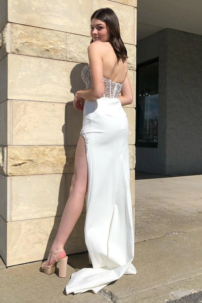 Mermaid Sweetheart Beaded White Corset Prom Dress with Slit DM3082827