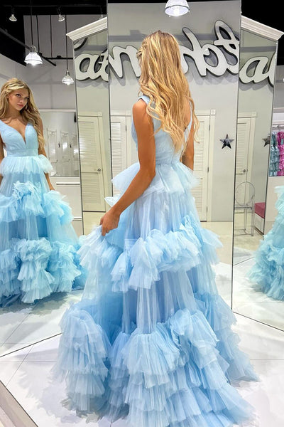 A-Line V Neck Ruffle Tiered Tulle Long Prom Dress MD4021805