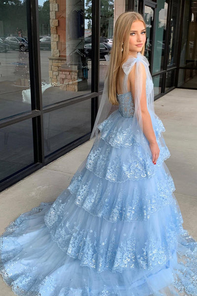 Light Blue Sweetheart Bow Tie Straps Tiered Tulle Prom Dress with Appliques MD122805
