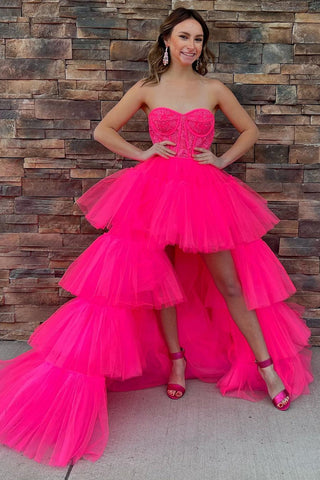 Hot Pink Lace Corset Tiered High-Low Prom Gown  MD092403