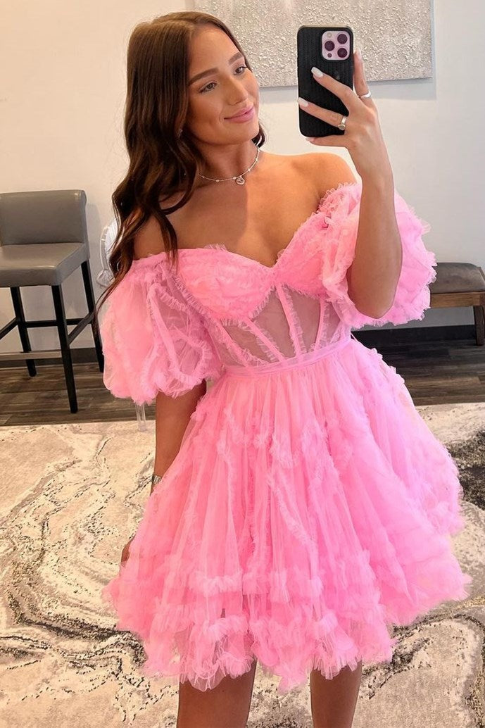 open lace back dress Red Sweetheart Puff Sleeve A-Line Short Party Dress with Ruffles LD3070704  – Dressmeet