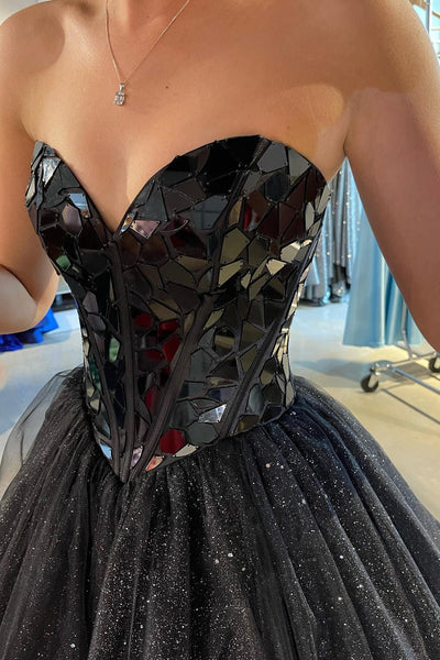 Princess Black Cut Glass Mirror Sweetheart A-Line Long Prom Gown MD092405