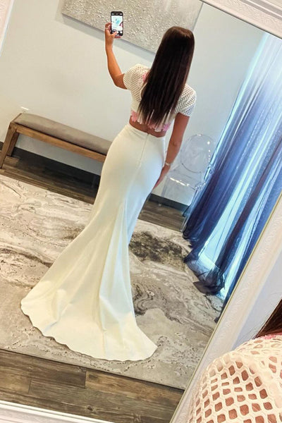 White Two Piece Short Sleeves Lace Long Prom Dress MD4032605