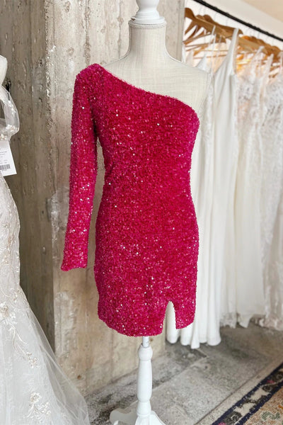 Hot Pink Homecoming Dress Sequin One Shoulder Hoco Dress with Slit MD091506
