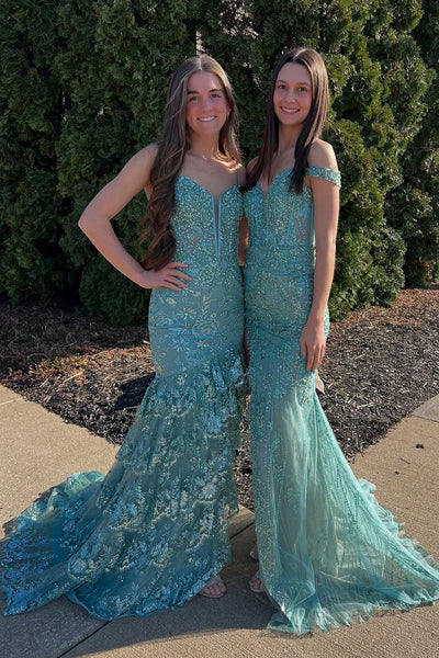 Mermaid Off the Shoulder Sequin Lace Long Prom Dresses with Slit DM25031905