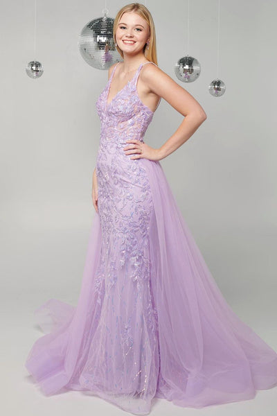 Lilac V Neck Tulle Mermaid Long Prom Dresses with Appliques MD4013003