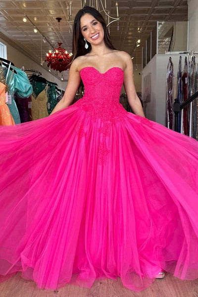 Hot Pink Tulle Lace Strapless A-Line Long Prom Dress MD103001