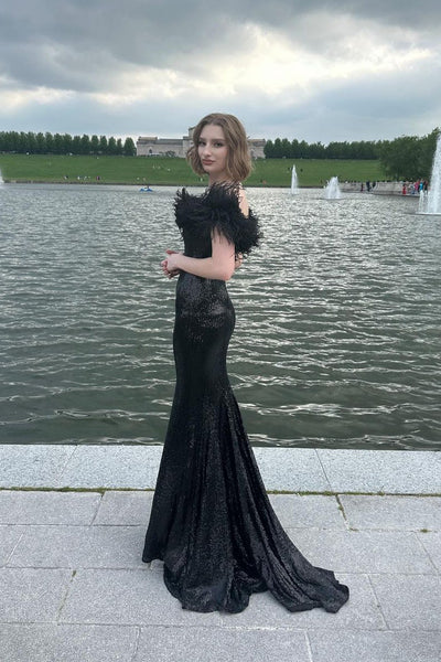 Glitter Mermaid Off the Shoulder Black Sequin Long Prom Dresses DM090901