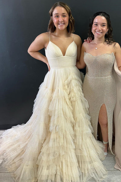 Pink Tulle High-Waist Tiered Long Prom Dress with Ruffles MD093010