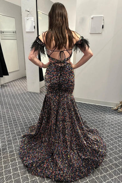 Mermaid Off the Shoulder Purple Sequins Cut Out Prom Dress with Feathers MD092306