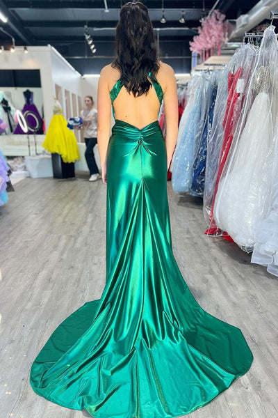 Charming Mermaid Halter Dark Green Elastic Satin Prom Dresses with Beading MD24092206