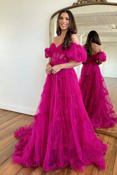 A Line Off the Shoulder Fuchsia Tulle Corset Prom Dress with Bowknot DM3082802