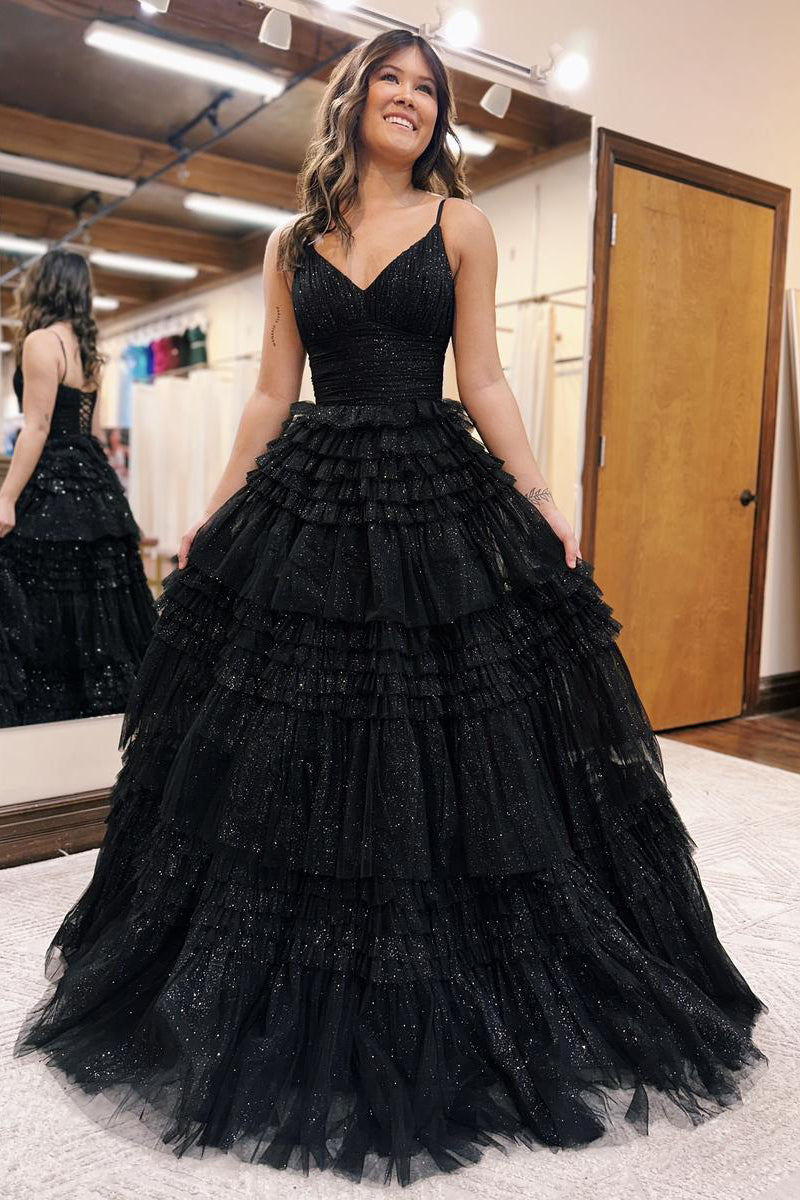 Skarkly A-Line V Neck Black Glitter Tulle Tiered Long Prom Dresses DM091203 Skarkly A-Line V Neck Black Glitter Tulle Tiered Long Prom Dresses DM091203