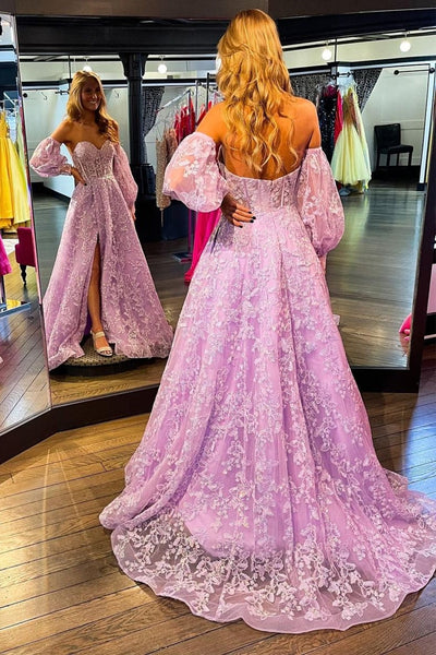 Sparkle Princess Lavender Bustier Puff Sleeve Lace Long Prom Gown MD092702